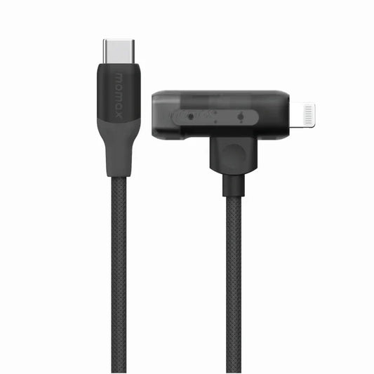 Momax 1-Link Flow Duo 2-in-1 USB-C and Lightning Cable featuring 60W PD fast charging, Apple certification, braided design, 1.5m length, and durable everyday charging for iPhone, iPad, MacBook, Android, and USB-C devices.