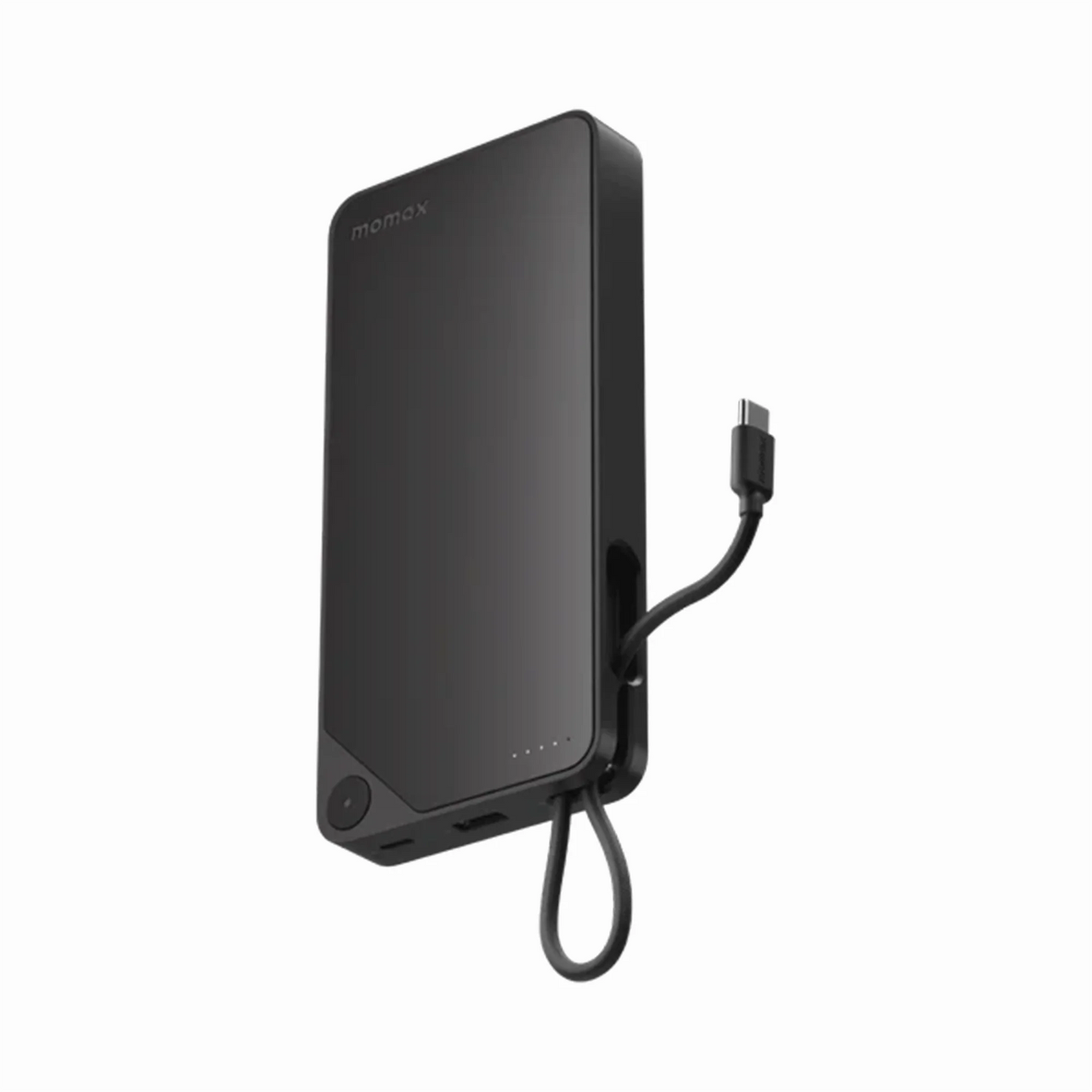 Momax 1-Power X1 20000mAh Power Bank with dual built-in USB-C cables, 45W PD fast charging, 4-device charging, dot-matrix display, and Recharge Hub app support.