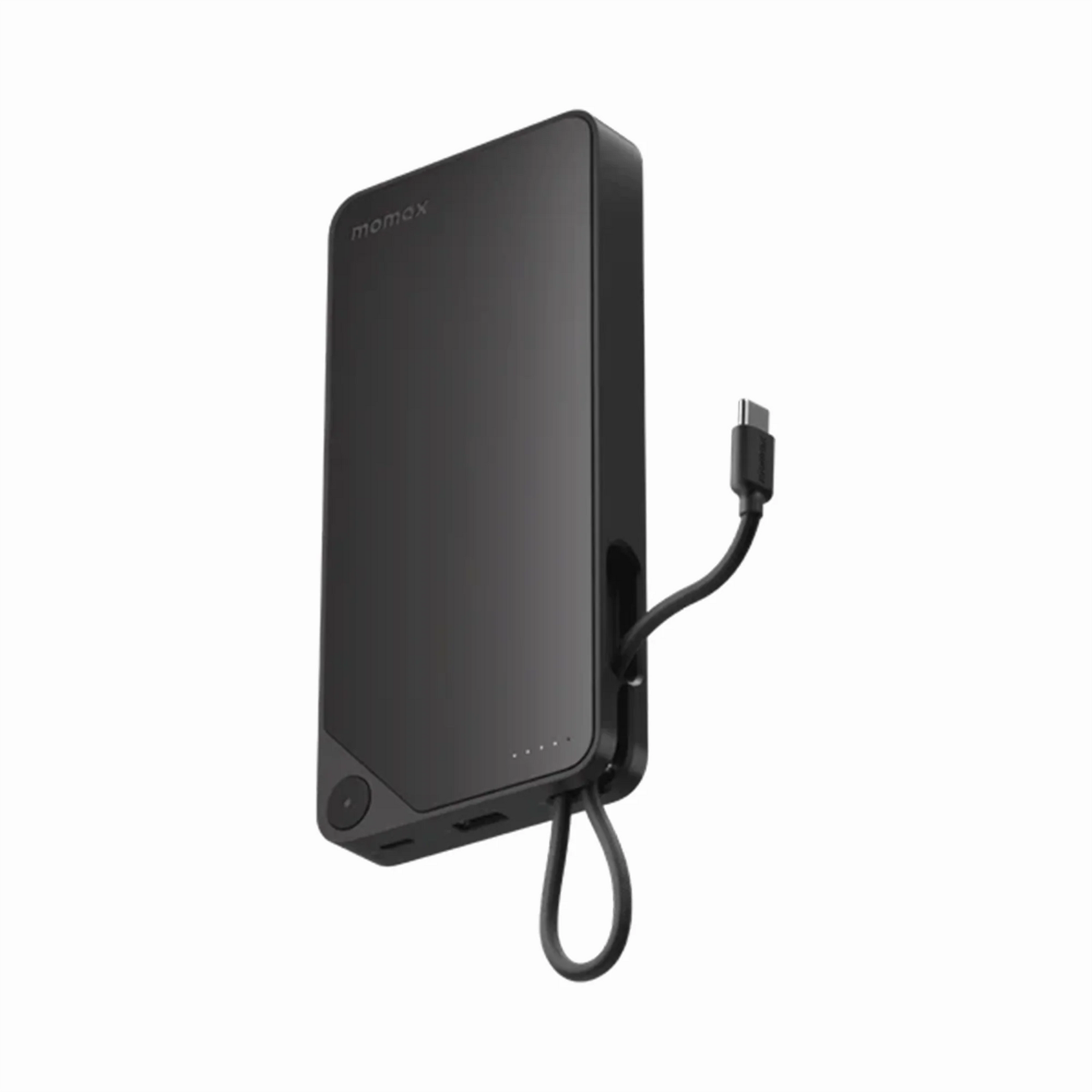 Momax 1-Power X1 20000mAh Power Bank with dual built-in USB-C cables, 45W PD fast charging, 4-device charging, dot-matrix display, and Recharge Hub app support.