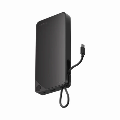 Momax 1-Power X1 20000mAh Power Bank with dual built-in USB-C cables, 45W PD fast charging, 4-device charging, dot-matrix display, and Recharge Hub app support.
