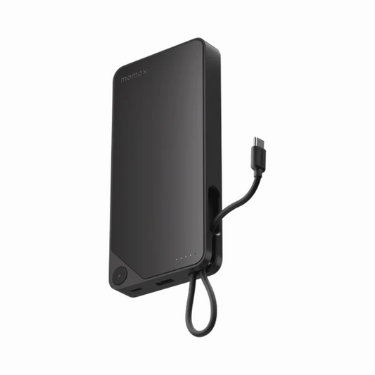 Momax 1-Power X1 20000mAh Power Bank with dual built-in USB-C cables, 45W PD fast charging, 4-device charging, dot-matrix display, and Recharge Hub app support.