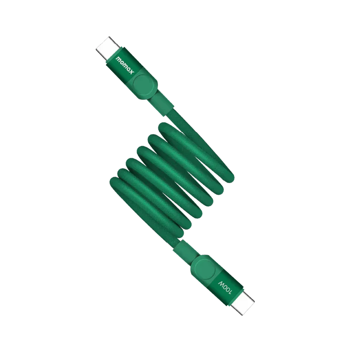 Momax 100W USB-C Cable featuring PD 3.0 and QC 3.0 fast charging, E-Marker chip protection, aluminum alloy connectors, triple braided nylon durability, and reliable charging for laptops, tablets, phones, and gaming handhelds.