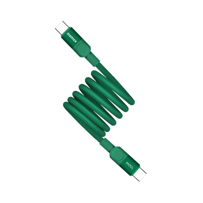 Momax 100W USB-C Cable featuring PD 3.0 and QC 3.0 fast charging, E-Marker chip protection, aluminum alloy connectors, triple braided nylon durability, and reliable charging for laptops, tablets, phones, and gaming handhelds.