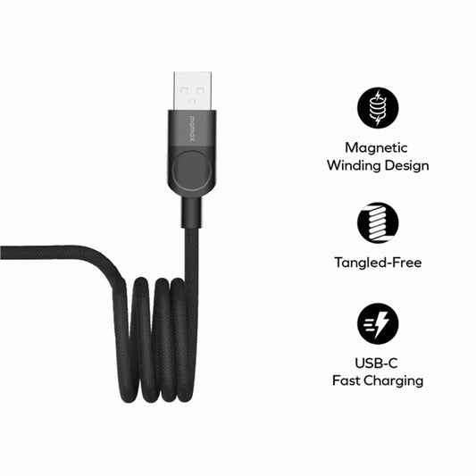 Momax Mag.Link 66W USB-A to USB-C Cable featuring magnetic winding design, Huawei Super Charge support, braided nylon build, 1m length, 480Mbps data transfer, and fast charging for USB-C devices.