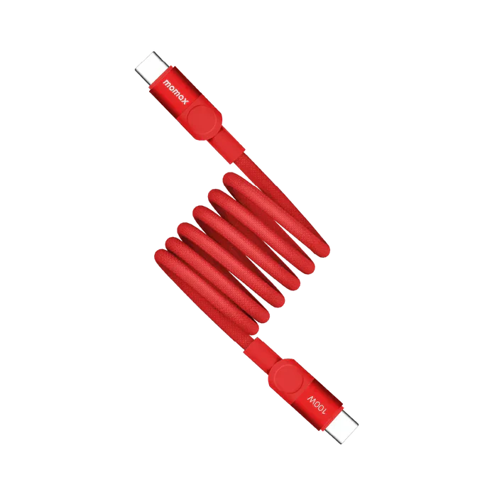 Momax Mag.Link USB-C to USB-C Braided Cable featuring magnetic winding organization, 20,000 bend cycle durability, 1m length, 480Mbps transfer, and strong daily charging for home, office, school, travel, and desk setups.
