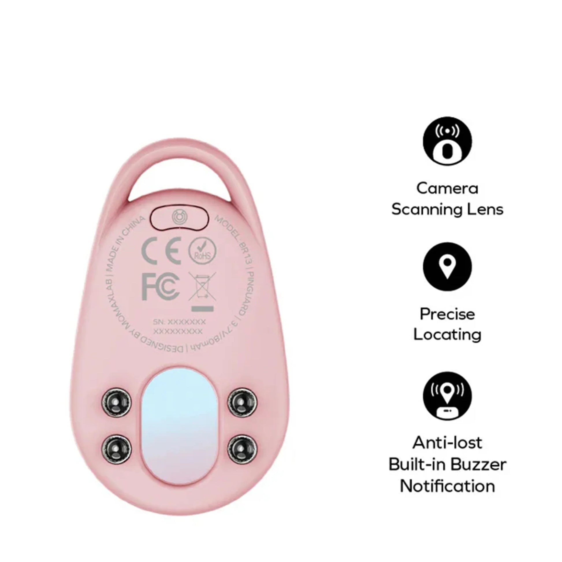 Momax Pinguard Bluetooth Tracker with USB-C charging, 80mAh rechargeable battery, instant lost alarm, emergency two-way alarm, and built-in buzzer.