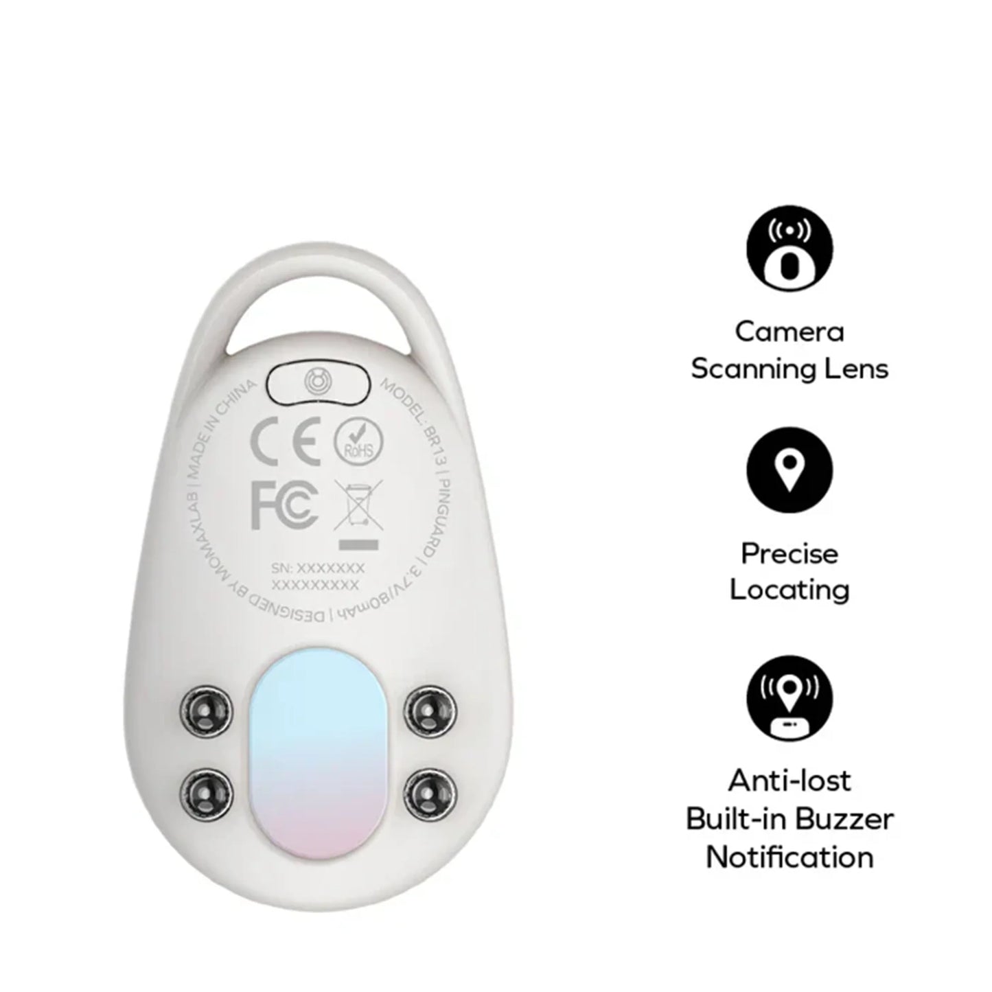 Momax Pinguard personal security locator with item tracking, hidden camera detection, red light lens scanning, two-way alarm, Bluetooth connection, and travel-friendly design.