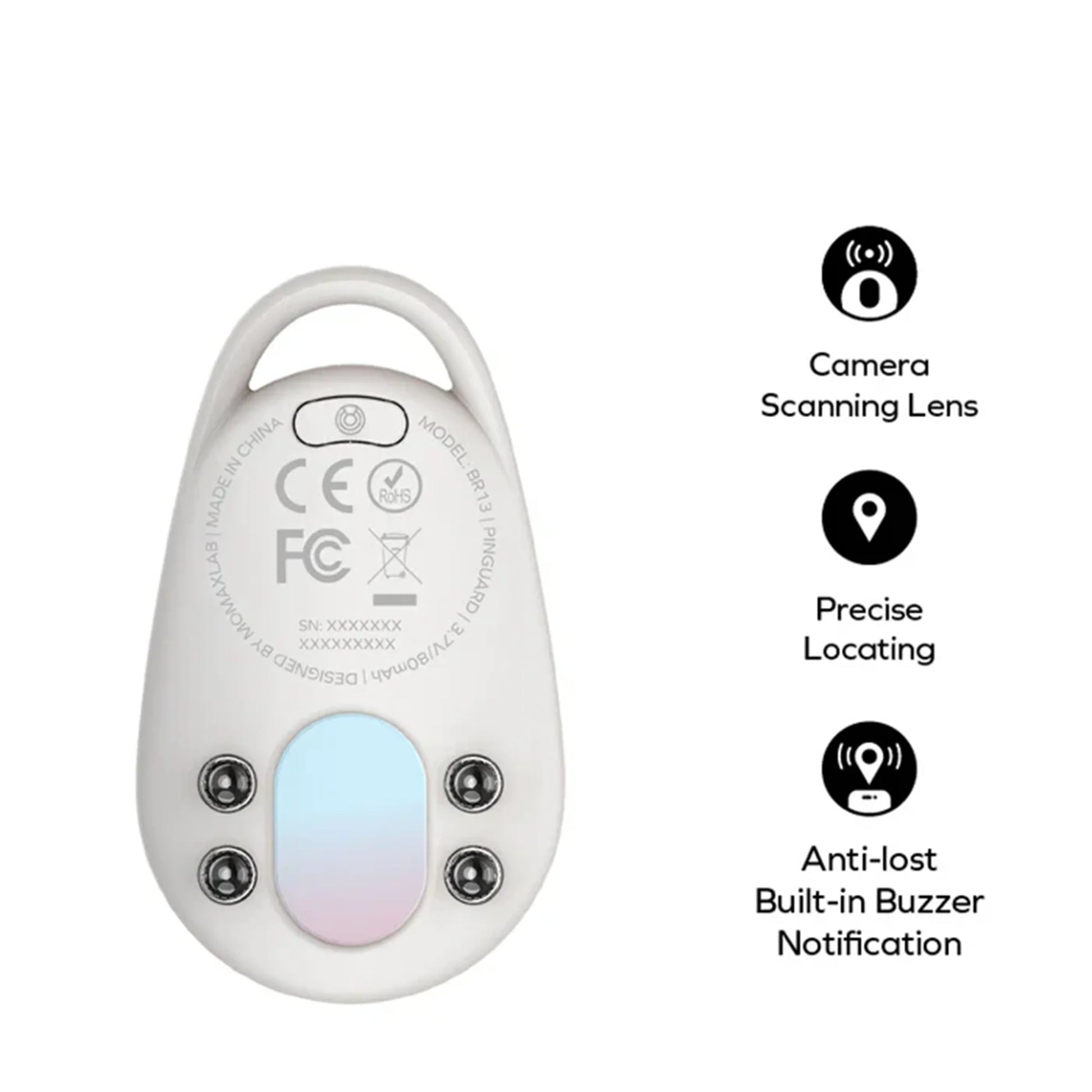 Momax Pinguard personal security locator with item tracking, hidden camera detection, red light lens scanning, two-way alarm, Bluetooth connection, and travel-friendly design.