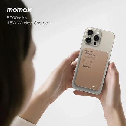 Momax Q.Mag X iPhone magnetic power bank with 5000mAh battery, MagSafe-compatible alignment, 7.5W iPhone wireless charging, 20W USB-C output, and compact pocket-friendly build.