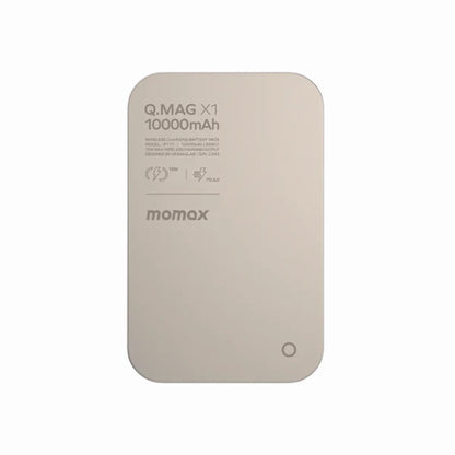 Momax Q.Mag X1 MagSafe-compatible power bank designed for iPhone 12 to 16 series with magnetic wireless charging, 10000mAh battery capacity, and USB-C fast charging.