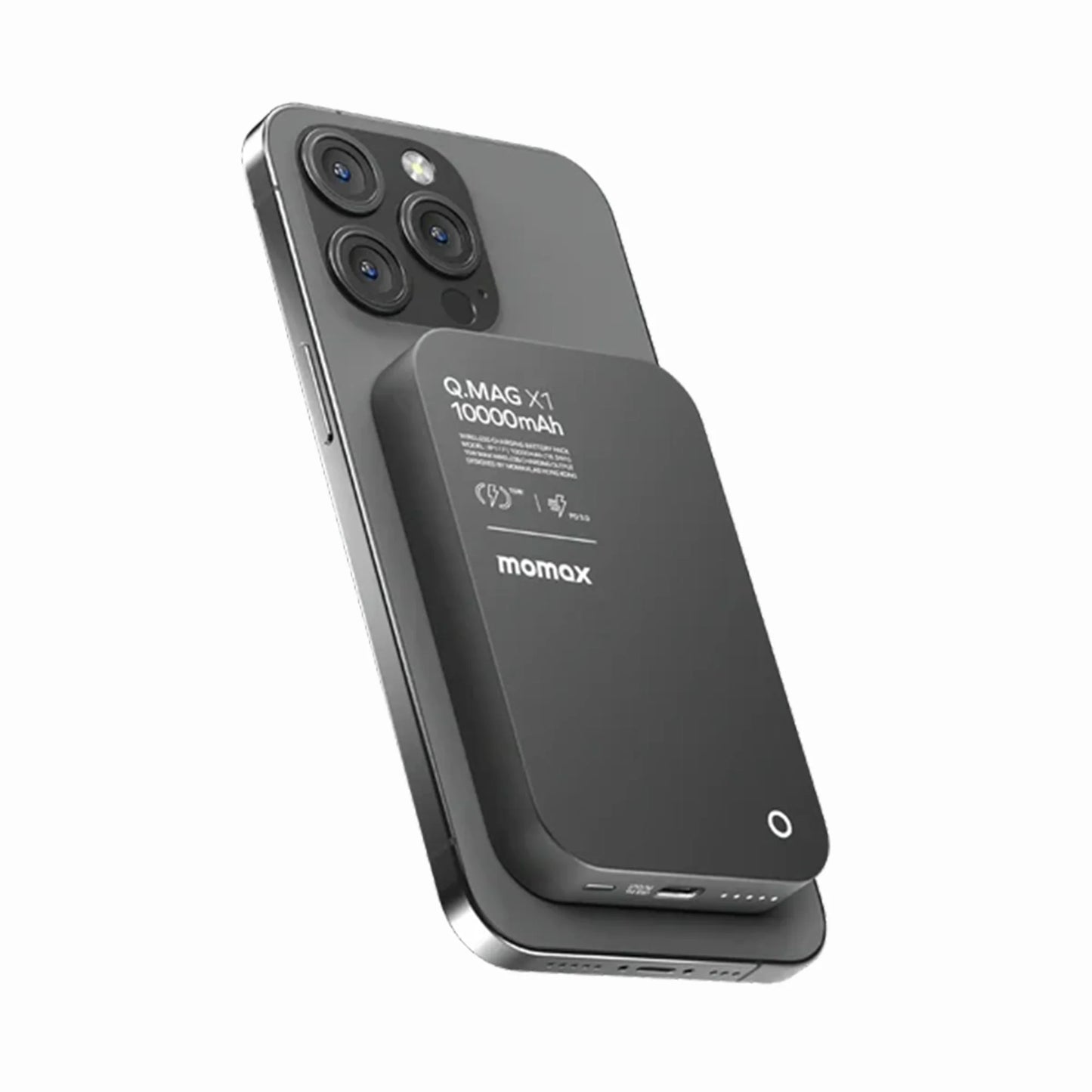 Momax Q.Mag X1 wireless portable charger made for iPhone, AirPods, Android devices, USB-C electronics, and Qi-compatible devices with magnetic charging convenience.