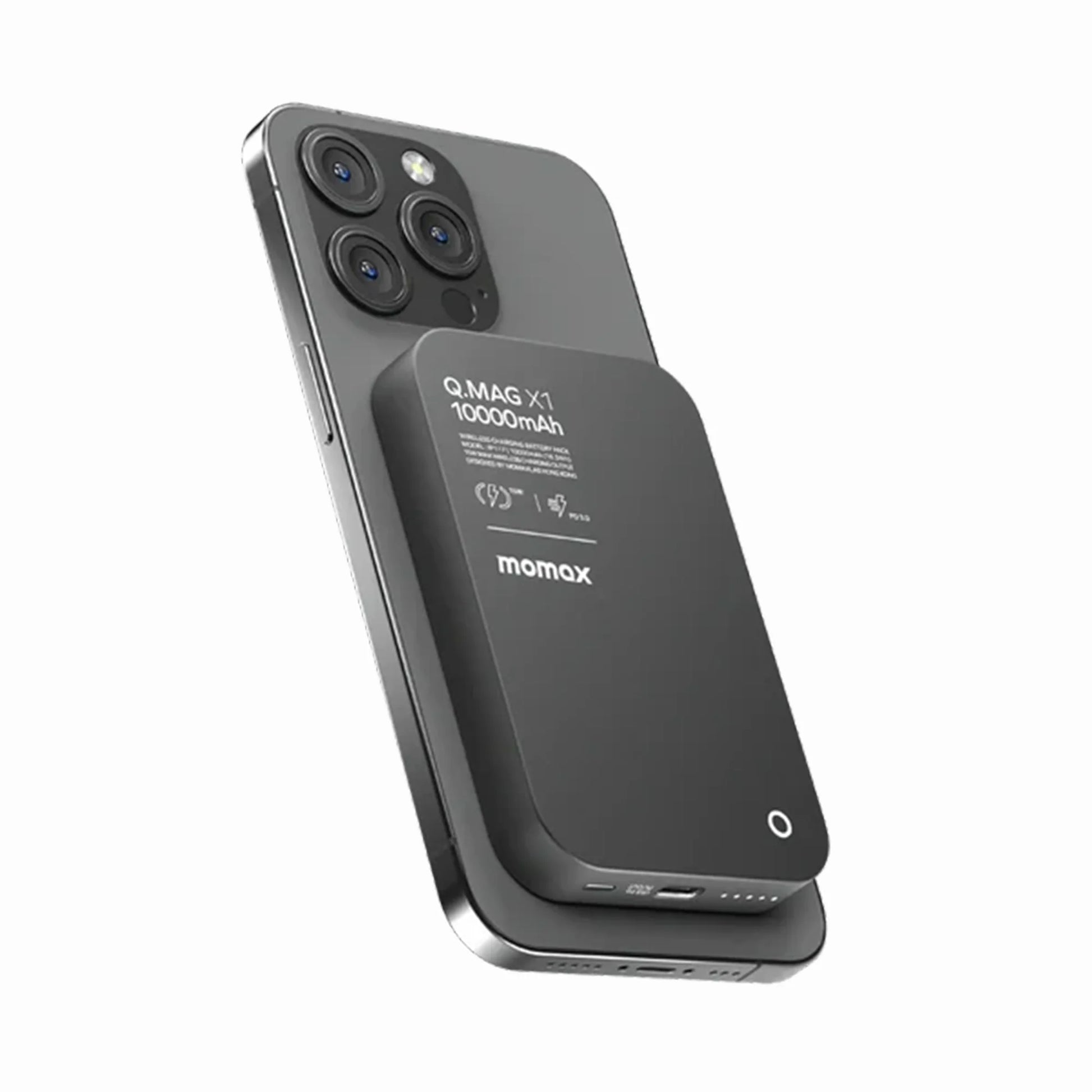 Momax Q.Mag X1 wireless portable charger made for iPhone, AirPods, Android devices, USB-C electronics, and Qi-compatible devices with magnetic charging convenience.