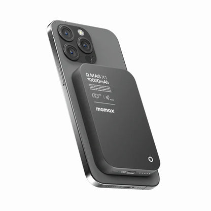 Momax Q.Mag X1 wireless portable charger made for iPhone, AirPods, Android devices, USB-C electronics, and Qi-compatible devices with magnetic charging convenience.