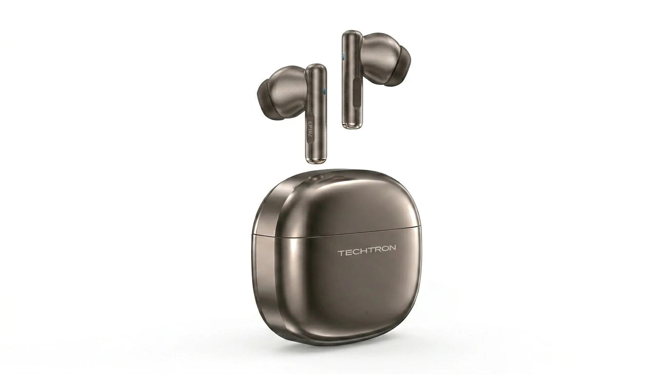 Techtron EP102 Bluetooth Earbuds shown with wireless earphones above a compact zinc alloy charging case, made for Bluetooth audio, calls, music, videos, laptops, computer use, phone audio, tablet listening, daily wireless sound, travel, commuting, school, work, and portable tech accessories, with semi in-ear comfort, 13mm drivers, Type-C charging, and a premium case design.

Find Techtron EP102 Zinc Alloy Shell Wireless Earphones at techtron.ca, amazon, walmart, bestbuy, costco, and staples.
