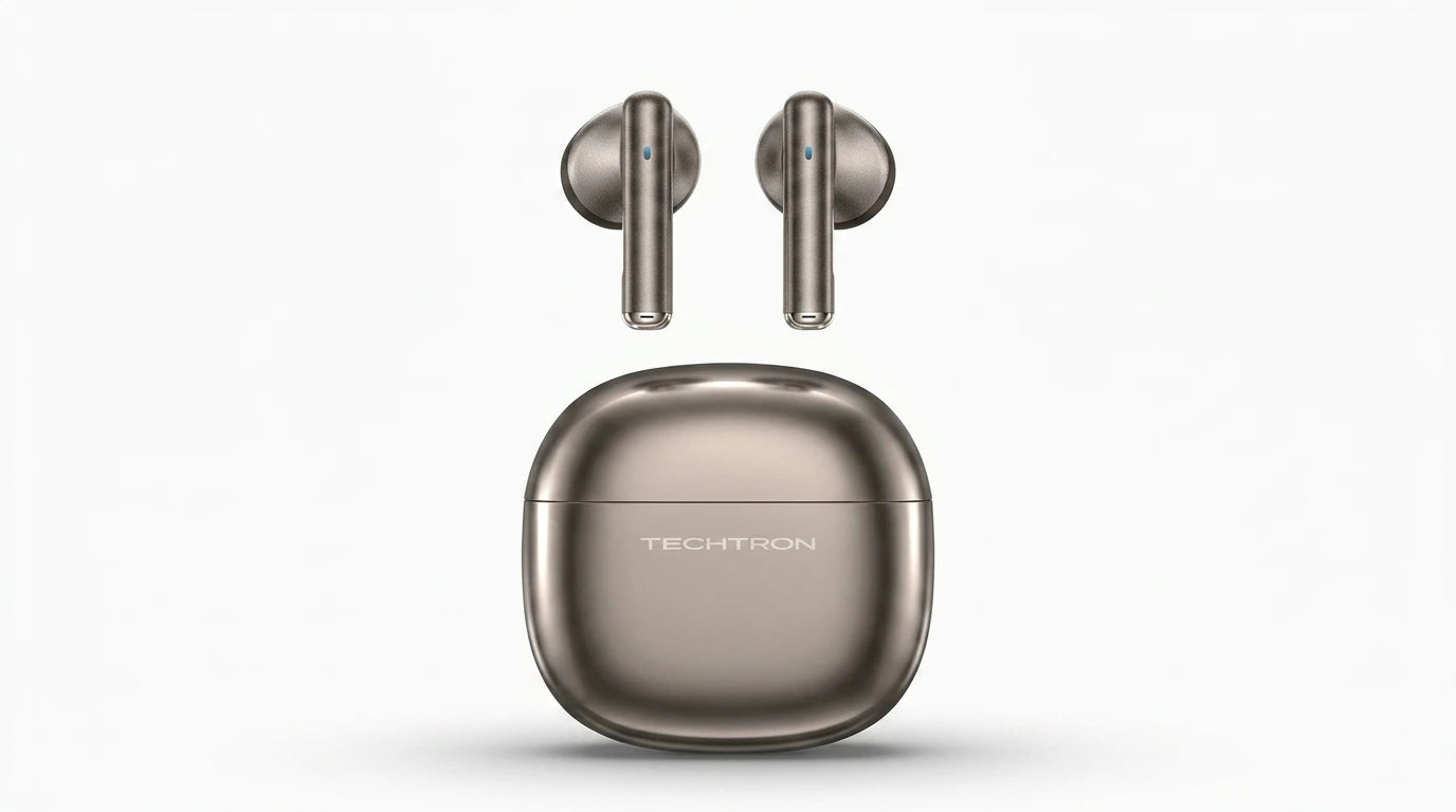Techtron EP102 Wireless Earbuds featuring a metallic earbud design with a premium zinc alloy charging case, pebble-like textured case style, Bluetooth audio support, semi in-ear comfort, 13mm driver sound, compact charging case design, and reliable wireless listening for iPhone, Samsung, Android, phones, tablets, laptops, desktop computer audio, calls, music, podcasts, videos, and daily tech use.

Find Techtron EP102 Zinc Alloy Shell Wireless Earphones at techtron.ca, amazon, walmart, bestbuy, costco, and s