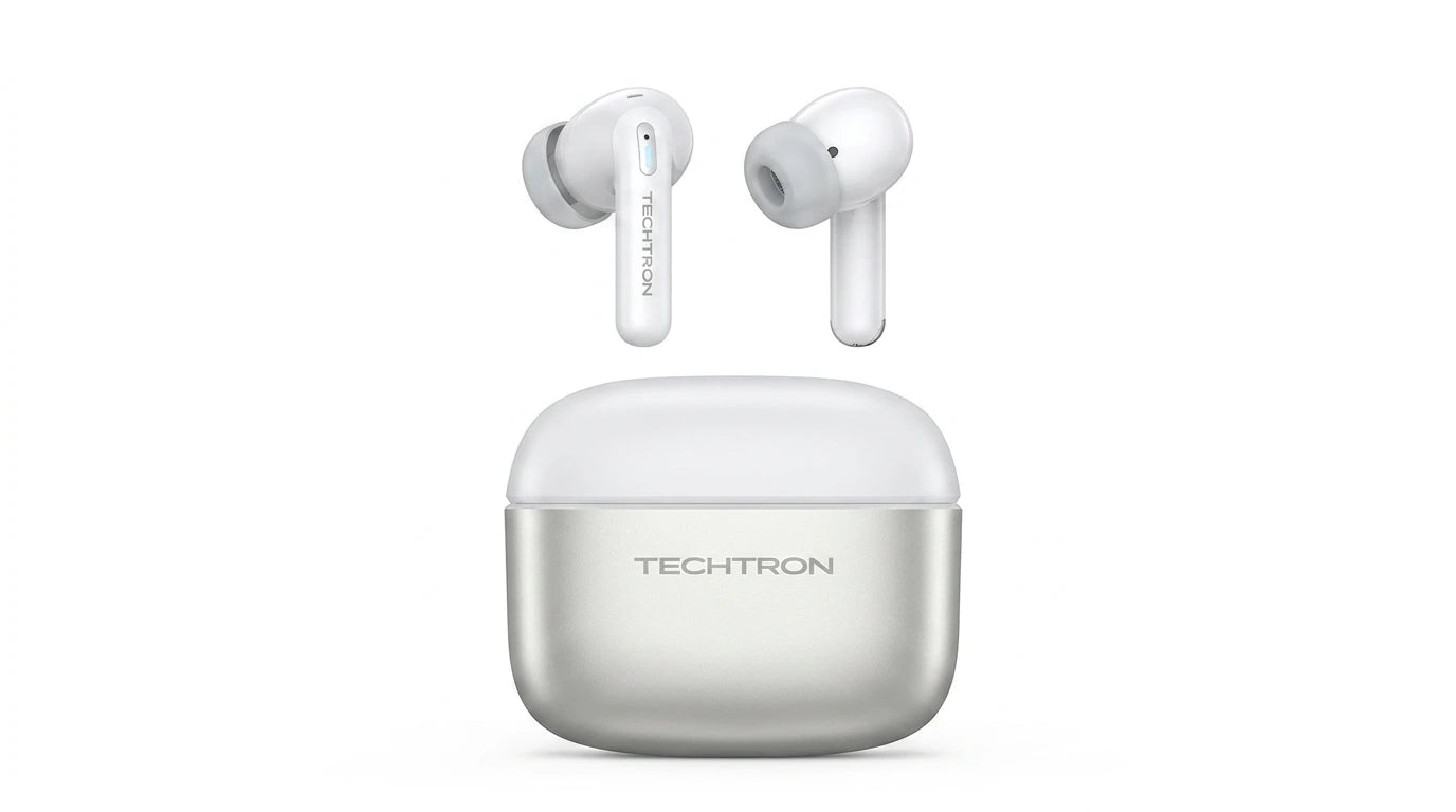 Techtron EP13 ANC / ENC Wireless Earphones featuring a compact charging case with TECHTRON branding, Bluetooth earbuds support, ANC listening noise reduction, ENC call noise reduction, clear calls, stereo wireless sound, 10mm drivers, lightweight fit, Type-C charging, and practical daily audio for music, podcasts, videos, laptops, desktop computer use, phones, tablets, work, school, commuting, and everyday tech accessories.

Find Techtron EP13 ANC / ENC Wireless Earphones at techtron.ca, amazon, walmart, be
