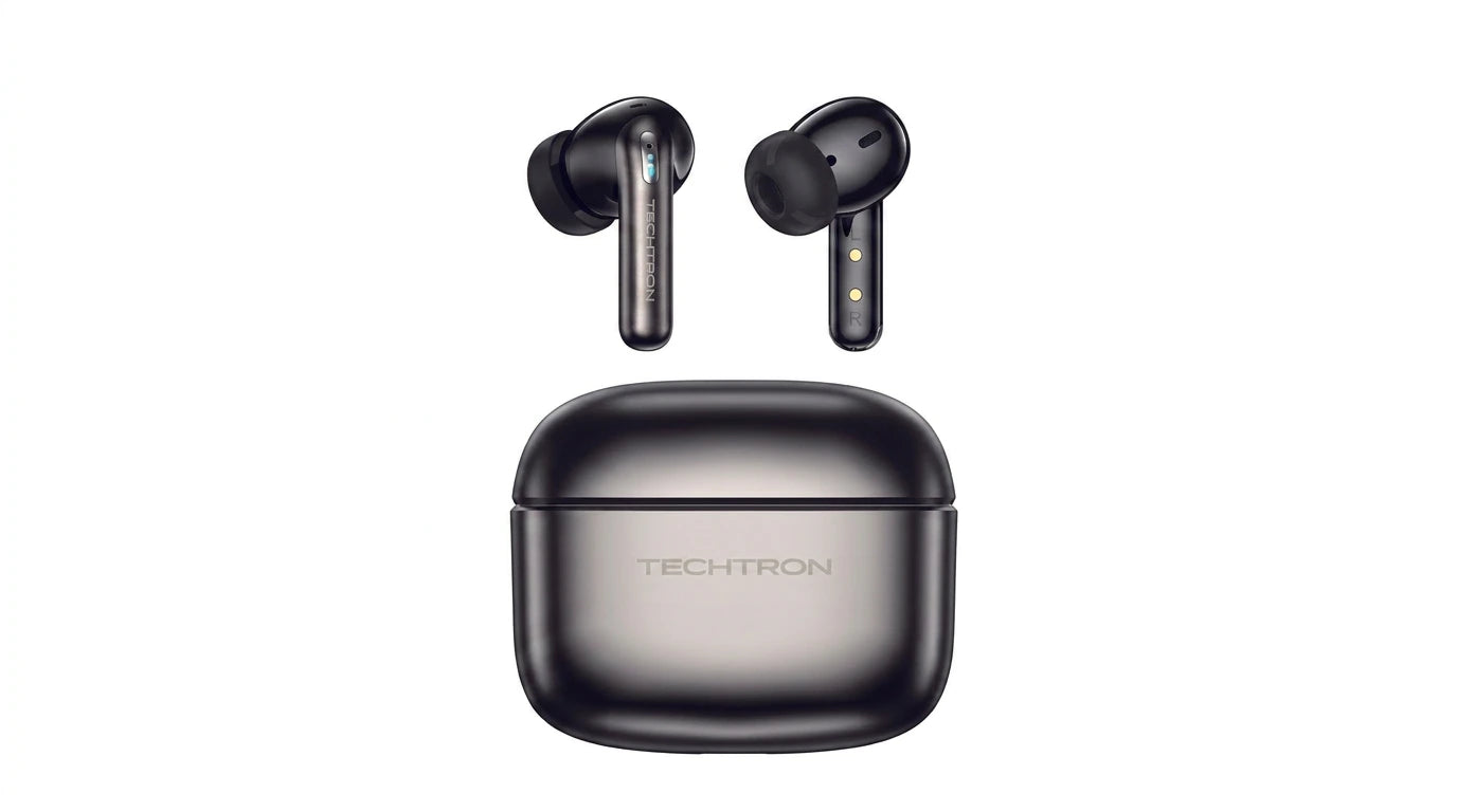 Techtron EP13 Bluetooth Wireless Earbuds designed for everyday wireless audio with ANC noise cancelling support, ENC clear calls, left and right stereo sound, 10mm driver performance, compact zinc alloy charging case, pebble-like case texture, Type-C charging, and reliable wireless earphones use for iPhone, Samsung, Android, phones, tablets, laptops, computer audio, music, calls, videos, travel, commuting, and portable tech accessories.

Find Techtron EP13 ANC / ENC Wireless Earphones at techtron.ca, amazon