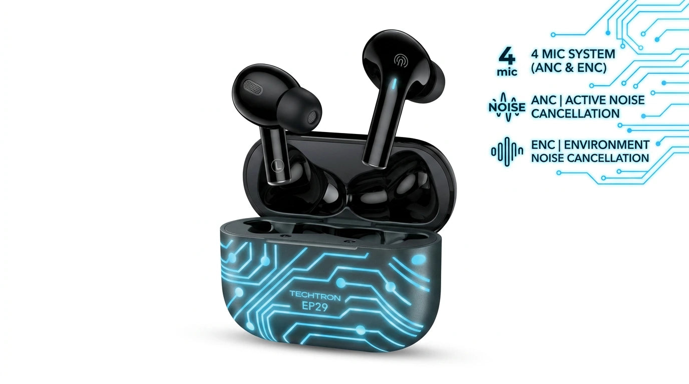 Techtron EP29 ANC / ENC Wireless Earphones featuring glossy black earbuds inside a compact charging case with blue circuit-style gaming artwork, built for Bluetooth audio, Hybrid ANC active noise cancellation, ENC clear call support, 4-mic voice pickup, game mode, RGB LED lighting, 10mm dynamic drivers, and strong wireless sound for music, calls, games, videos, laptop audio, computer use, gaming PC setups, iPhone, Samsung Galaxy, Android phones, tablets, and everyday listening.
