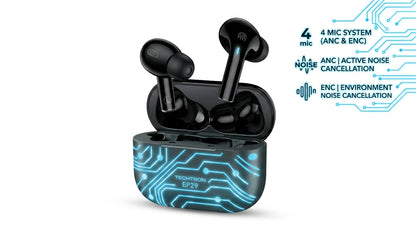 Techtron EP29 ANC / ENC Wireless Earphones featuring glossy black earbuds inside a compact charging case with blue circuit-style gaming artwork, built for Bluetooth audio, Hybrid ANC active noise cancellation, ENC clear call support, 4-mic voice pickup, game mode, RGB LED lighting, 10mm dynamic drivers, and strong wireless sound for music, calls, games, videos, laptop audio, computer use, gaming PC setups, iPhone, Samsung Galaxy, Android phones, tablets, and everyday listening.
