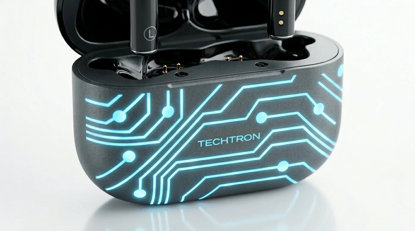 Techtron EP29 Bluetooth Earbuds displayed in a compact glossy black charging case with a blue circuit gaming design, featuring ANC noise cancellation, ENC call noise reduction, 4 microphones, Bluetooth 5.4 wireless connection, RGB ambient lighting, game mode support, 10mm drivers, strong bass, portable charging case, and wireless headphones-style use for gaming, games, music, calls, podcasts, laptops, computer audio, gaming laptop setups, gaming PC audio, desktop computer audio, iPhone, Samsung, Android,.
