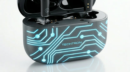 Techtron EP29 Bluetooth Earbuds displayed in a compact glossy black charging case with a blue circuit gaming design, featuring ANC noise cancellation, ENC call noise reduction, 4 microphones, Bluetooth 5.4 wireless connection, RGB ambient lighting, game mode support, 10mm drivers, strong bass, portable charging case, and wireless headphones-style use for gaming, games, music, calls, podcasts, laptops, computer audio, gaming laptop setups, gaming PC audio, desktop computer audio, iPhone, Samsung, Android,.