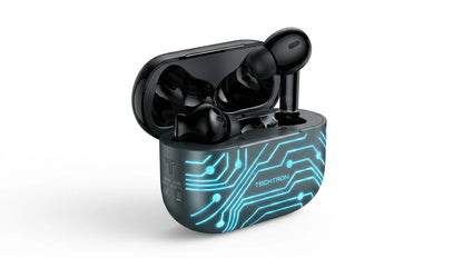Techtron EP29 Gaming Wireless Earbuds shown with a glossy black finish and blue circuit-style charging case design, made for gaming, games, Bluetooth audio, low-delay game mode, ANC noise cancelling earbuds use, ENC microphone call clarity, 4 built-in microphones, RGB LED lighting, 10mm bass drivers, charging case convenience, and reliable sound for gaming laptops, gaming PC audio, desktop computer audio, laptops, phones, tablets, iPhone, Samsung, Android, music, videos, calls, and daily tech use.
