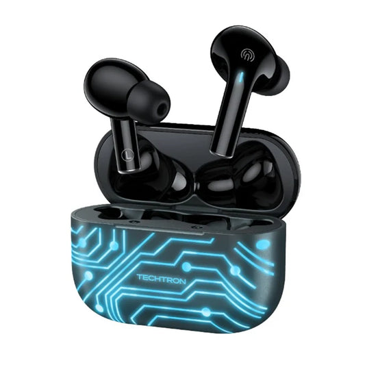 Techtron EP29 Noise Cancelling Wireless Earbuds shown in a glossy black compact charging case with a blue circuit-style gaming design, featuring Hybrid ANC noise cancelling earbuds support, ENC call noise reduction, 4 microphones, Bluetooth 5.4 audio, gaming earbuds mode, RGB LED lighting, 10mm drivers, strong bass, and everyday wireless earphones use for games, calls, music, laptops, gaming laptop setups, gaming PC audio, desktop computer audio, phones, iPhone, Samsung, Android, tablets, and tech.