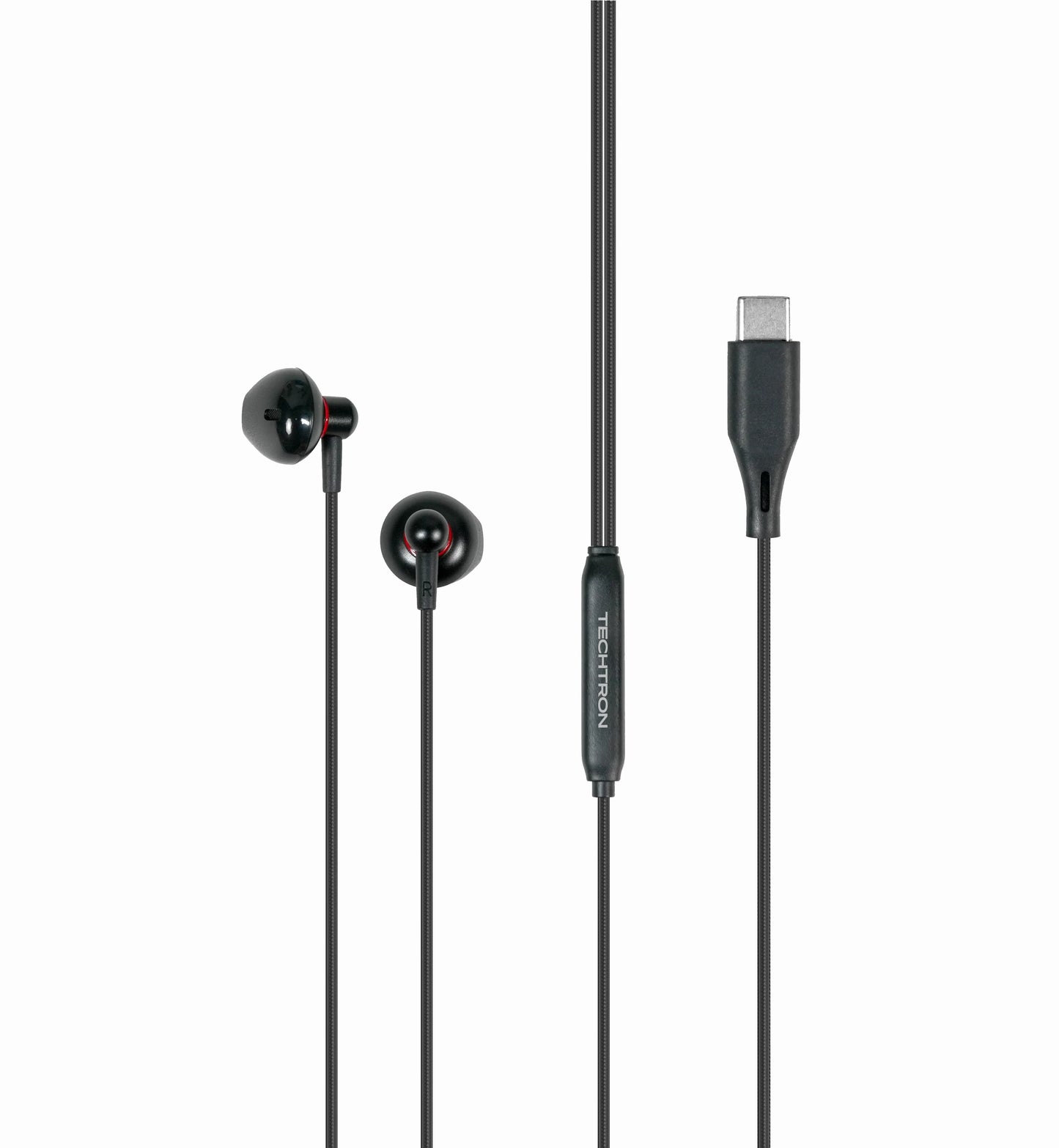 Techtron HP13 Type-C Wired Earbuds featuring a black semi in-ear headphone design, glossy finish, subtle red accents, durable braided cable, USB-C connection, built-in microphone controller, volume and track control support, stereo sound, 14mm drivers, and simple plug-and-play audio for compatible Android phones, Samsung devices, Type-C iPhone models, tablets, laptops, school, work, calls, music, videos, gaming chat, and everyday listening.

Find Techtron HP13 Type-C Wired Earbuds at techtron.ca, amazon, wa