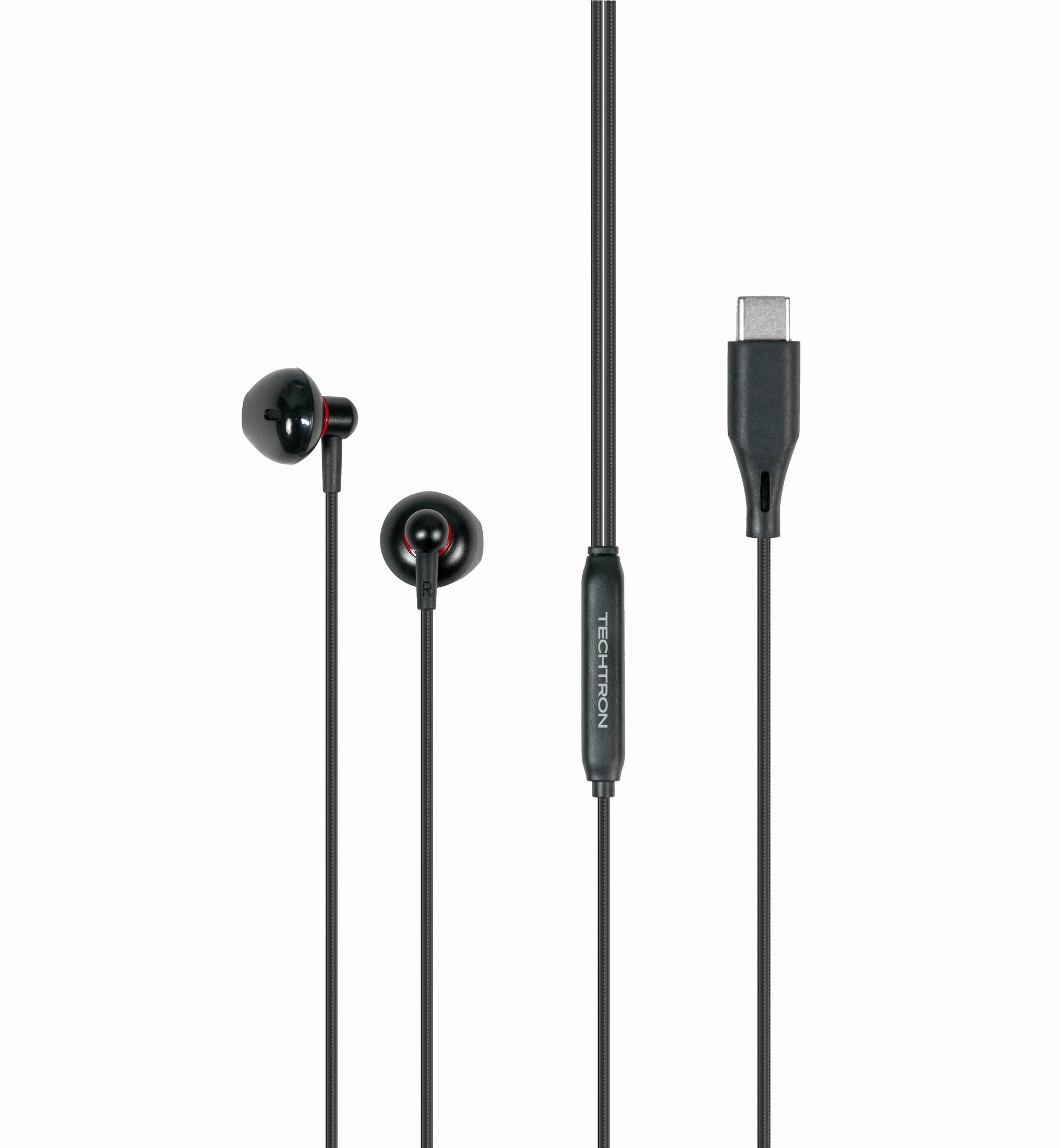 Techtron HP13 Type-C Wired Earbuds featuring a black semi in-ear headphone design, glossy finish, subtle red accents, durable braided cable, USB-C connection, built-in microphone controller, volume and track control support, stereo sound, 14mm drivers, and simple plug-and-play audio for compatible Android phones, Samsung devices, Type-C iPhone models, tablets, laptops, school, work, calls, music, videos, gaming chat, and everyday listening.

Find Techtron HP13 Type-C Wired Earbuds at techtron.ca, amazon, wa
