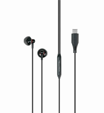 Techtron HP13 Type-C Wired Earbuds featuring a black semi in-ear headphone design, glossy finish, subtle red accents, durable braided cable, USB-C connection, built-in microphone controller, volume and track control support, stereo sound, 14mm drivers, and simple plug-and-play audio for compatible Android phones, Samsung devices, Type-C iPhone models, tablets, laptops, school, work, calls, music, videos, gaming chat, and everyday listening.

Find Techtron HP13 Type-C Wired Earbuds at techtron.ca, amazon, wa