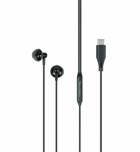 Techtron HP13 Type-C Wired Earbuds featuring a black semi in-ear headphone design, glossy finish, subtle red accents, durable braided cable, USB-C connection, built-in microphone controller, volume and track control support, stereo sound, 14mm drivers, and simple plug-and-play audio for compatible Android phones, Samsung devices, Type-C iPhone models, tablets, laptops, school, work, calls, music, videos, gaming chat, and everyday listening.

Find Techtron HP13 Type-C Wired Earbuds at techtron.ca, amazon, wa
