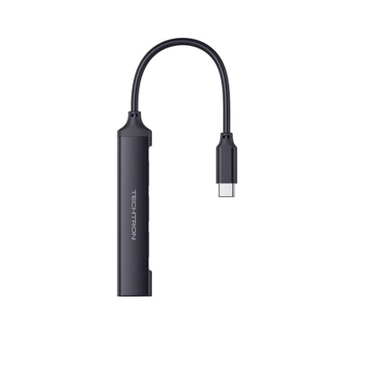 Techtron USB-C to 4-Port USB-A Hub featuring a compact Type-C adapter design, four USB-A ports, short 13cm cable, sleek Aluminium + ABS body, 4-port transmission support, and useful USB connection for laptops, tablets, phones, flash drives, mobile hard disks, keyboards, mice, card readers, computer accessories, laptop accessories, and everyday tech accessories.

Find Techtron USB-C to 4-Port USB-A Hub at techtron.ca, amazon, walmart, bestbuy, costco, and staples.