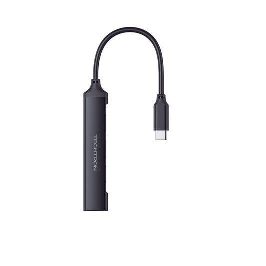 Techtron USB-C to 4-Port USB-A Hub featuring a compact Type-C adapter design, four USB-A ports, short 13cm cable, sleek Aluminium + ABS body, 4-port transmission support, and useful USB connection for laptops, tablets, phones, flash drives, mobile hard disks, keyboards, mice, card readers, computer accessories, laptop accessories, and everyday tech accessories.

Find Techtron USB-C to 4-Port USB-A Hub at techtron.ca, amazon, walmart, bestbuy, costco, and staples.