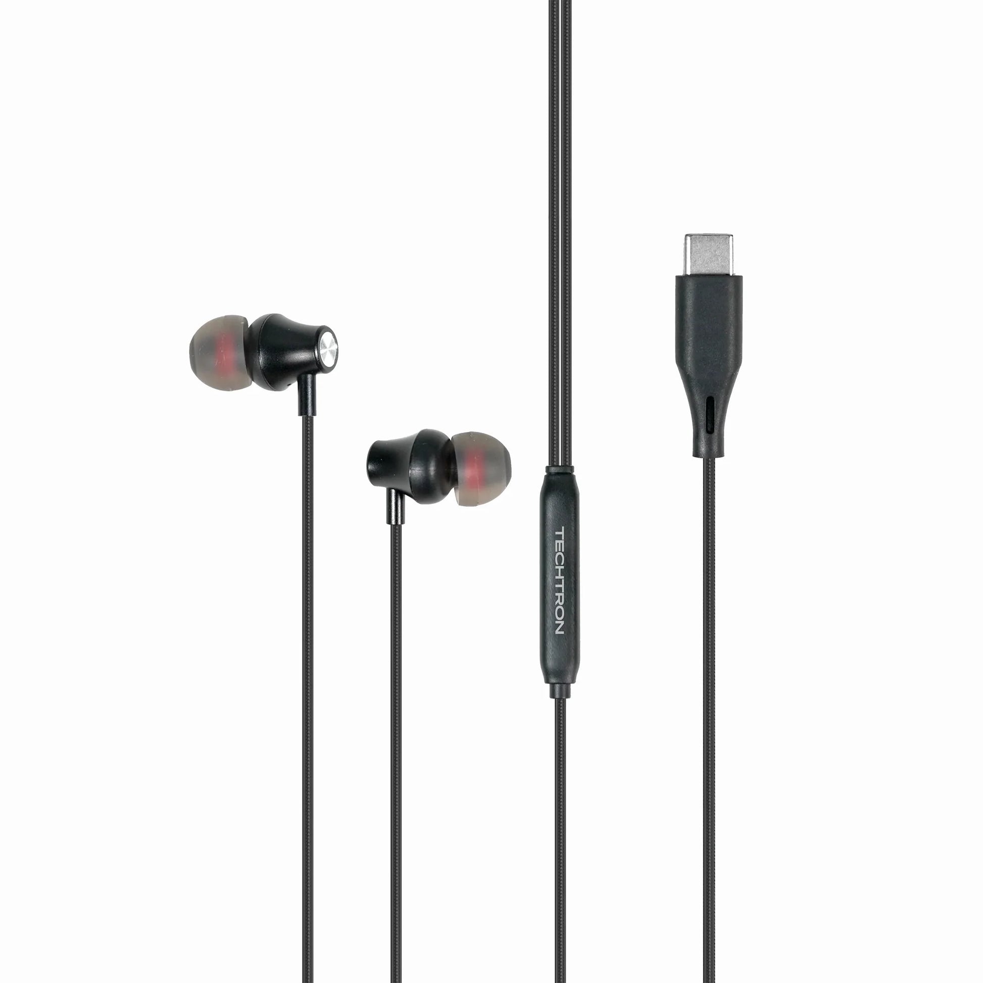 Techtron WE17 Type-C Wired Earbuds featuring a black in-ear headphone design with red accents, USB-C connector, built-in microphone controller, volume and track control support, strong braided wire, metal earbud cavity, stereo sound, 10mm drivers, and simple plug-and-play audio for compatible Android phones, Samsung devices, Type-C iPhone models, tablets, laptops, school, work, calls, music, videos, gaming chat, and everyday listening.

Find Techtron WE17 Type-C Wired Earbuds at techtron.ca, amazon, walmart