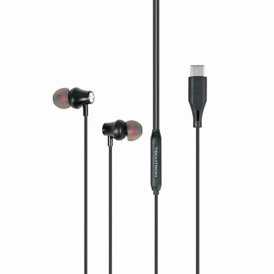 Techtron WE17 Type-C Wired Earbuds featuring a black in-ear headphone design with red accents, USB-C connector, built-in microphone controller, volume and track control support, strong braided wire, metal earbud cavity, stereo sound, 10mm drivers, and simple plug-and-play audio for compatible Android phones, Samsung devices, Type-C iPhone models, tablets, laptops, school, work, calls, music, videos, gaming chat, and everyday listening.

Find Techtron WE17 Type-C Wired Earbuds at techtron.ca, amazon, walmart