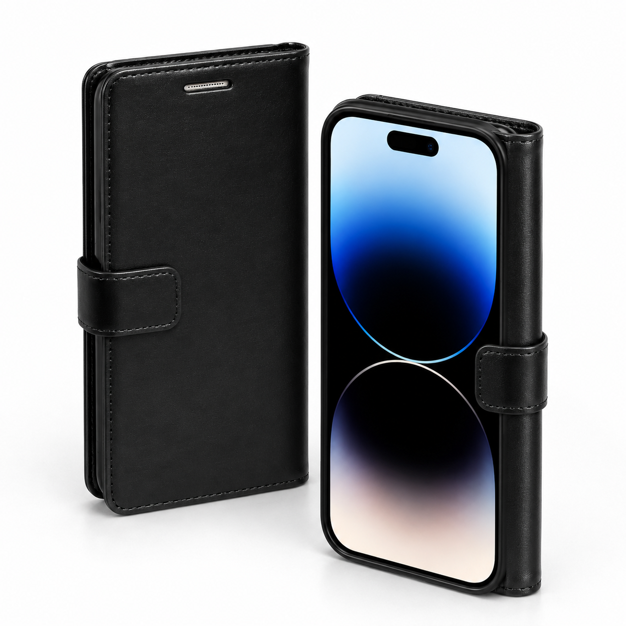 Shockproof black leather-style diary case for Apple iPhone 17