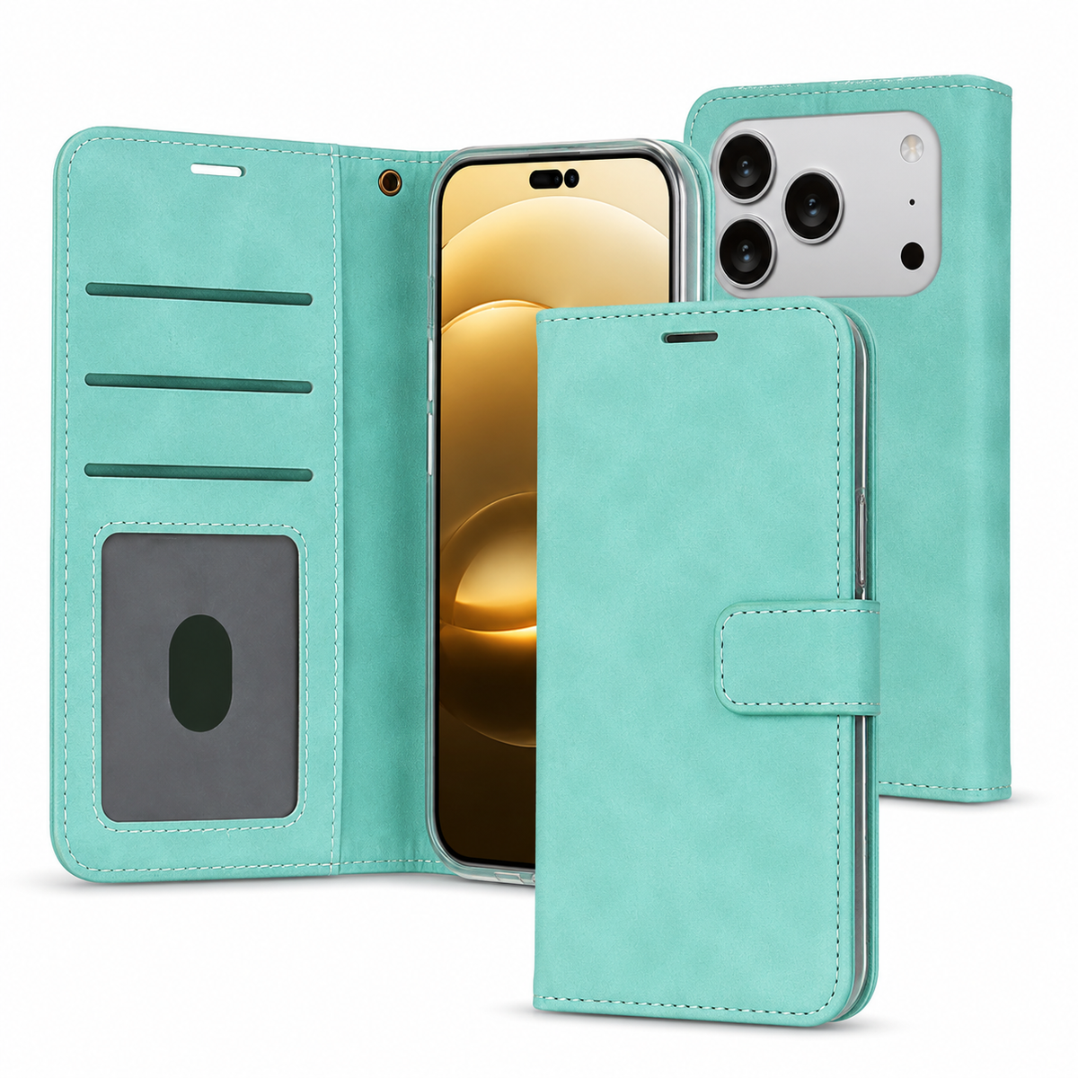 Premium Teal Leather Folio Wallet Case for Apple iPhone 17 Pro Max Protective Phone Cover