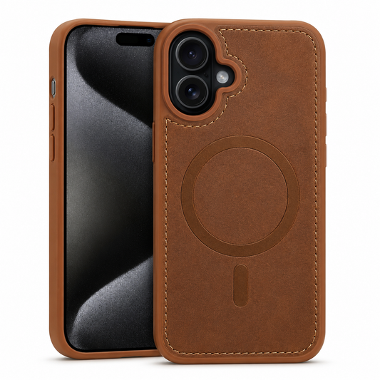 Brown MagSafe Rich Craft Case, Apple iPhone 17 Case, Leather Texture Phone Cover, Shockproof Protective Case