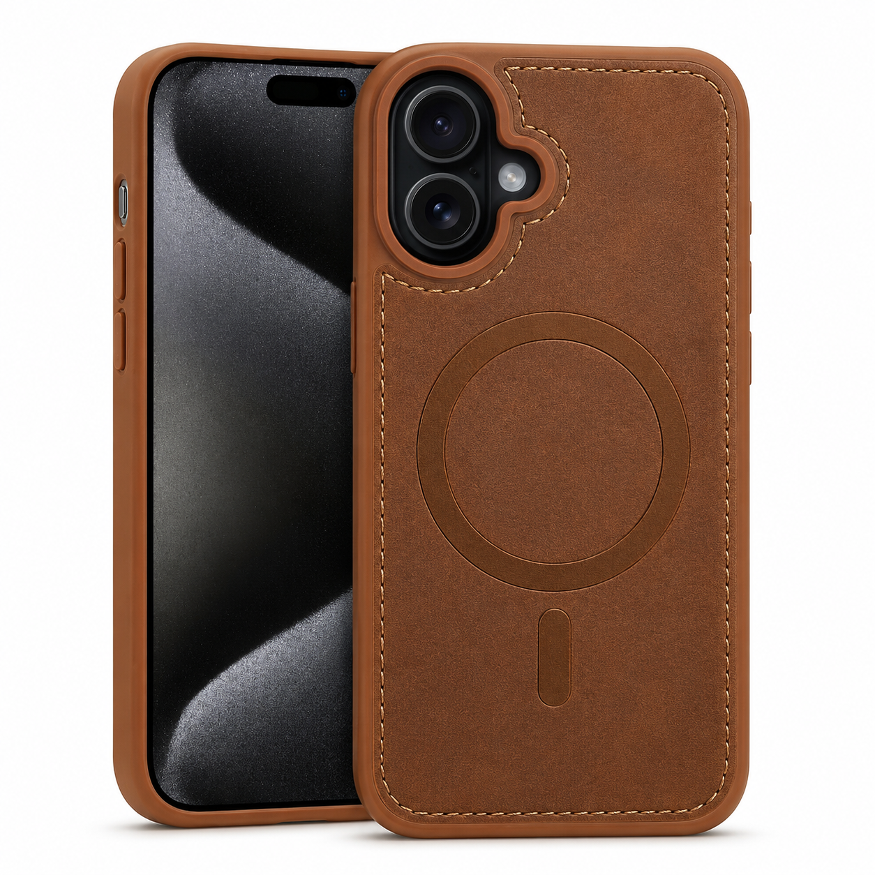 Brown MagSafe Rich Craft Case, Apple iPhone 16 Case, Leather Texture Phone Cover, Shockproof Protective Case