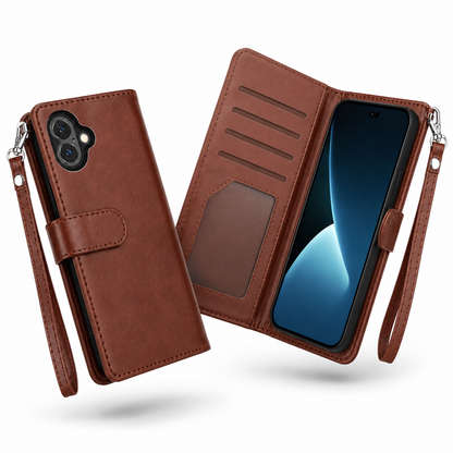 Brown iPhone 17 detachable wallet case with cash pocket and camera protection