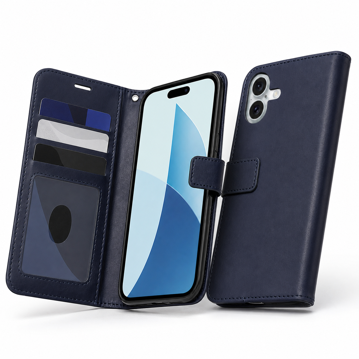 Shockproof navy folio case for iPhone 17 with card storage