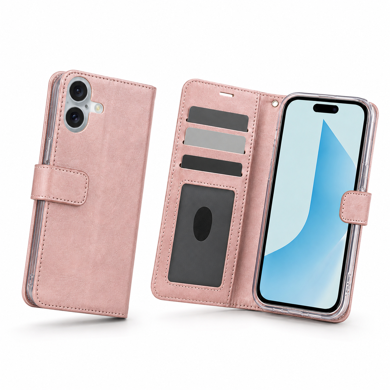 Apple iPhone 17 rose gold wallet phone case with transparent ID window