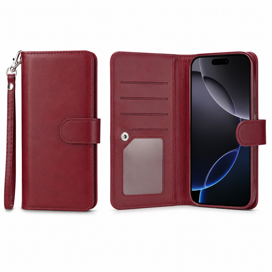 Wine bifold 9-card detachable wallet case for Apple iPhone 17