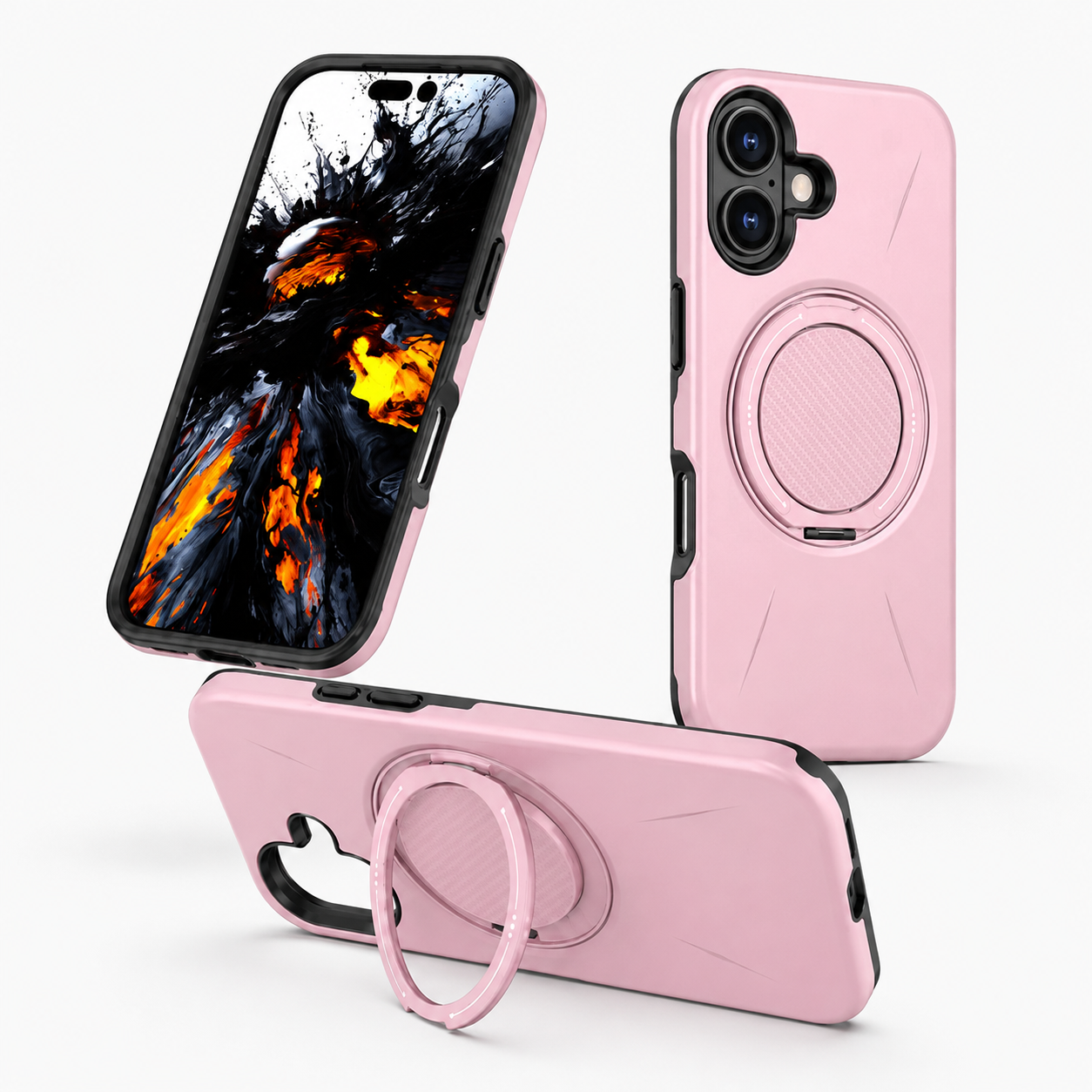 Premium Apple iPhone 17 MagSafe Case in Pink with 360° rotating ring holder, rugged phone cover, drop protection case