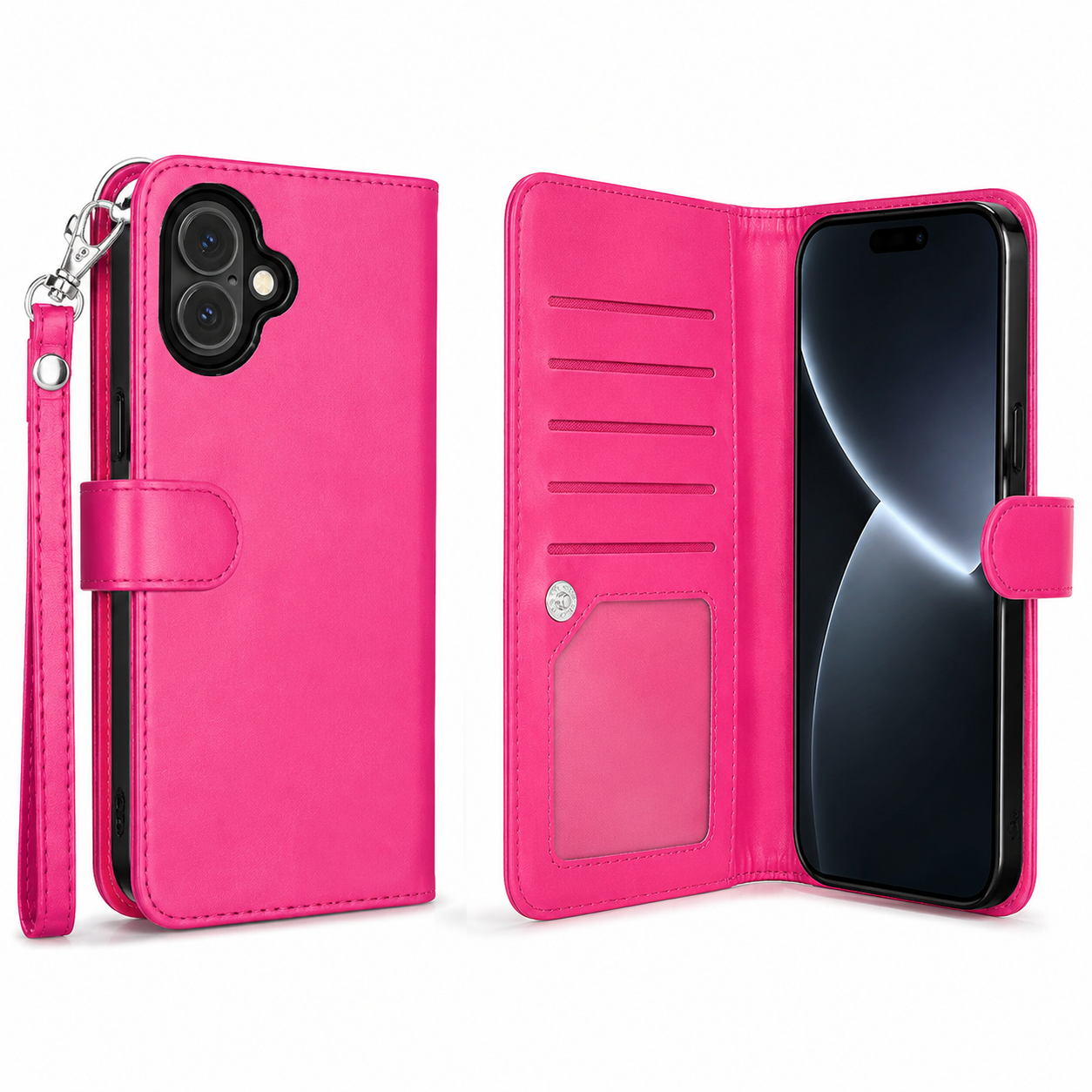 Shockproof hot pink leather-style wallet cover for Apple iPhone 17