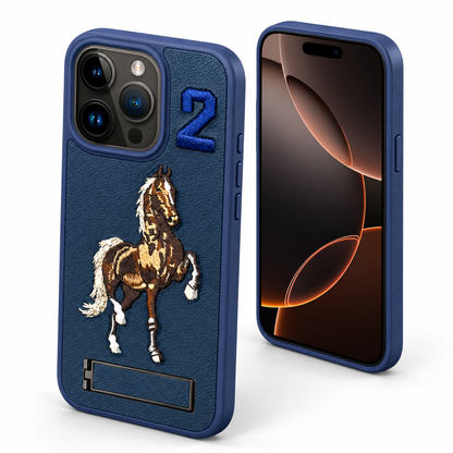 Blue horse iPhone 12 protective phone cover with built-in stand