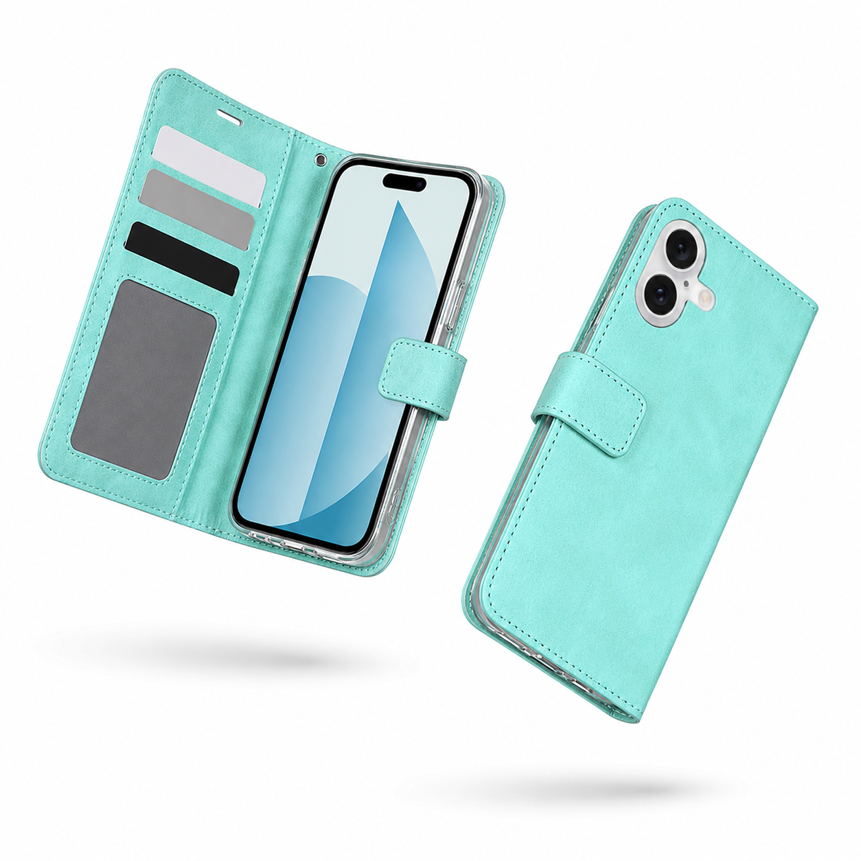 Shockproof teal folio case for iPhone 17 with card storage