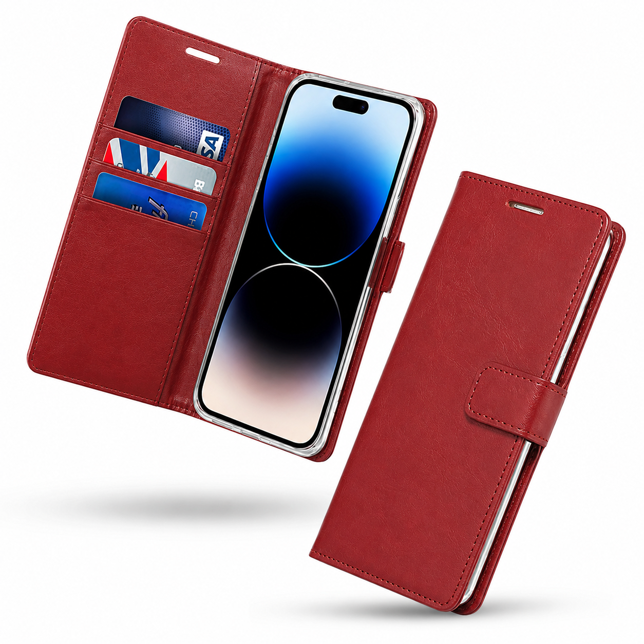 Wine iPhone 16 card holder case with viewing stand and camera protection