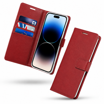 Wine iPhone 16 card holder case with viewing stand and camera protection