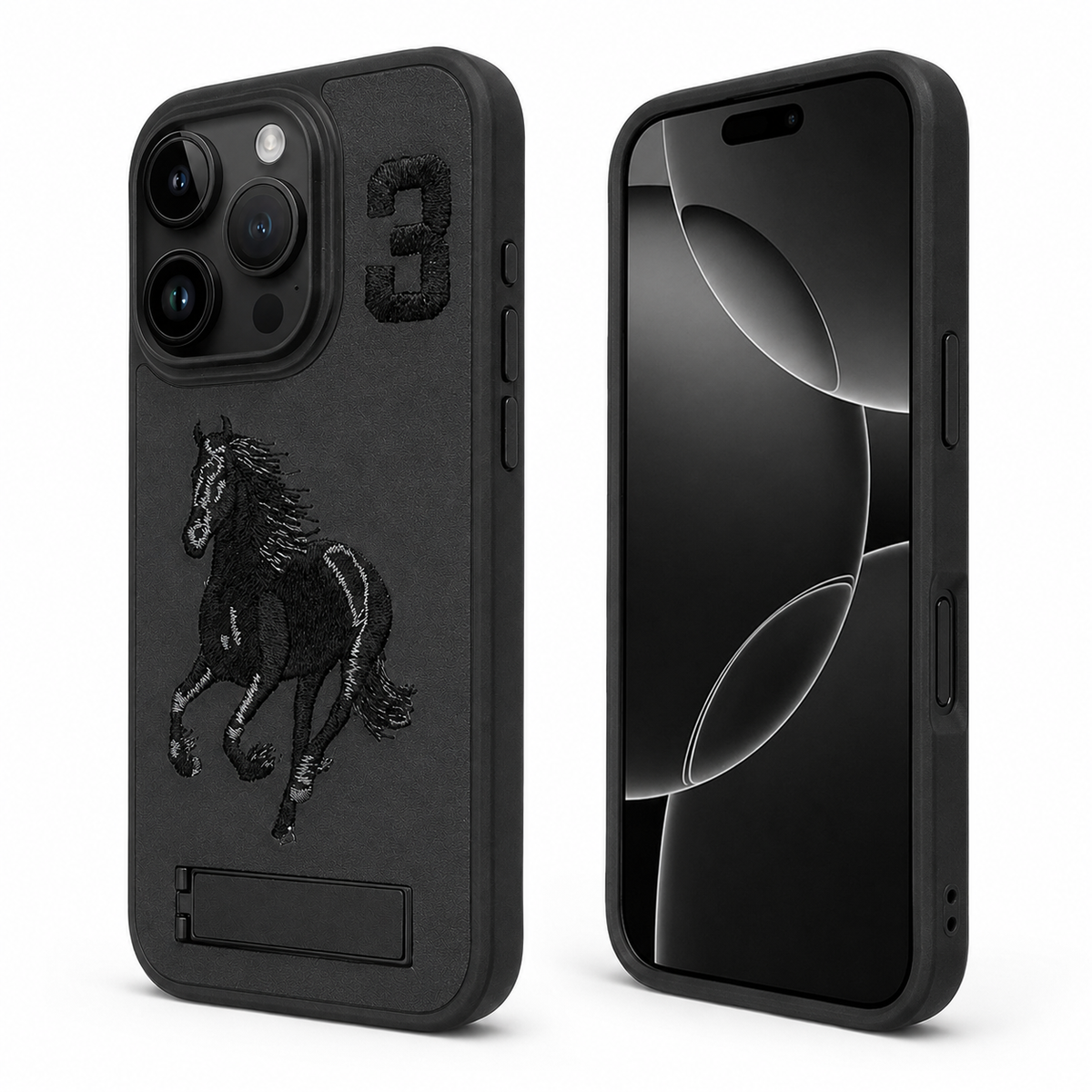 Black horse iPhone 12 protective phone cover with built-in stand